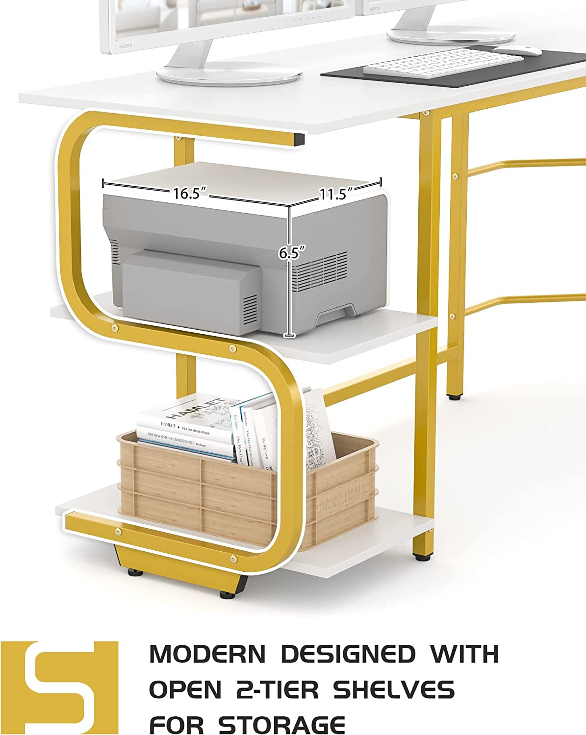 Reversible L Shaped Computer Desk with Shelves 