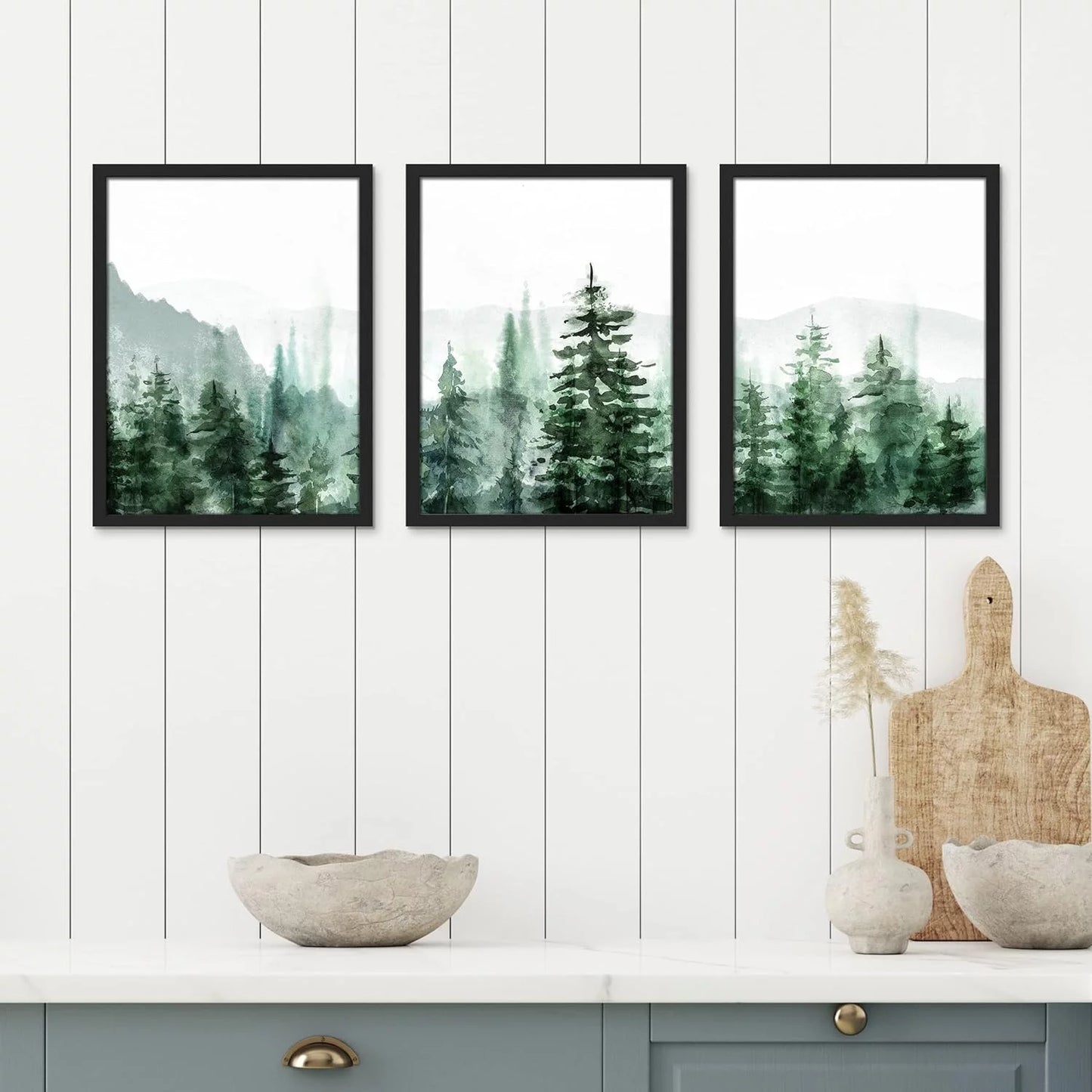 Framed Canvas Print Wall Art Set - Watercolor Pine Tree Mountain Range Forest Art - Set of 3 Nature Wilderness Landscape Wall Décor for Living Room, Bedroom - 12"X16"X3 Panels Black