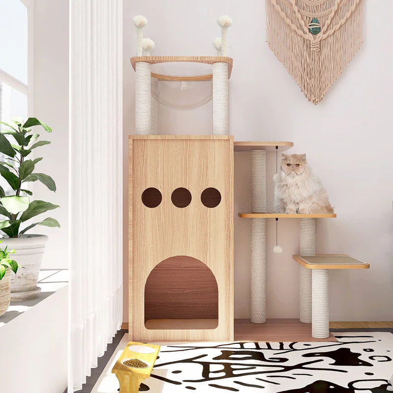 Tavion 51.2" Wooden Modern Large Cat Tree Tower with 2-Floor Condo, Capsule Nest and Dangling Balls for Large Cats