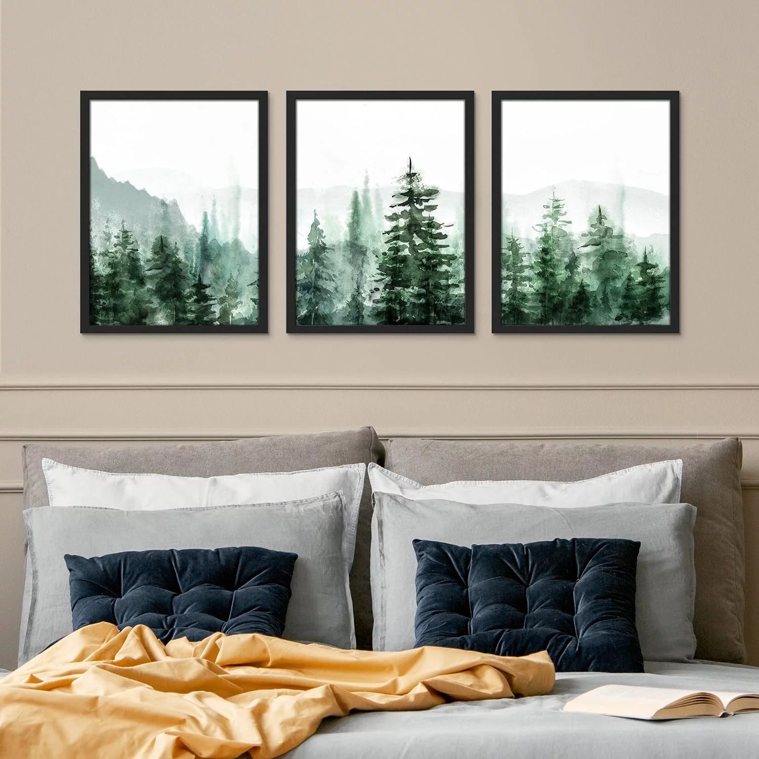 Framed Canvas Print Wall Art Set - Watercolor Pine Tree Mountain Range Forest Art - Set of 3 Nature Wilderness Landscape Wall Décor for Living Room, Bedroom - 12"X16"X3 Panels Black