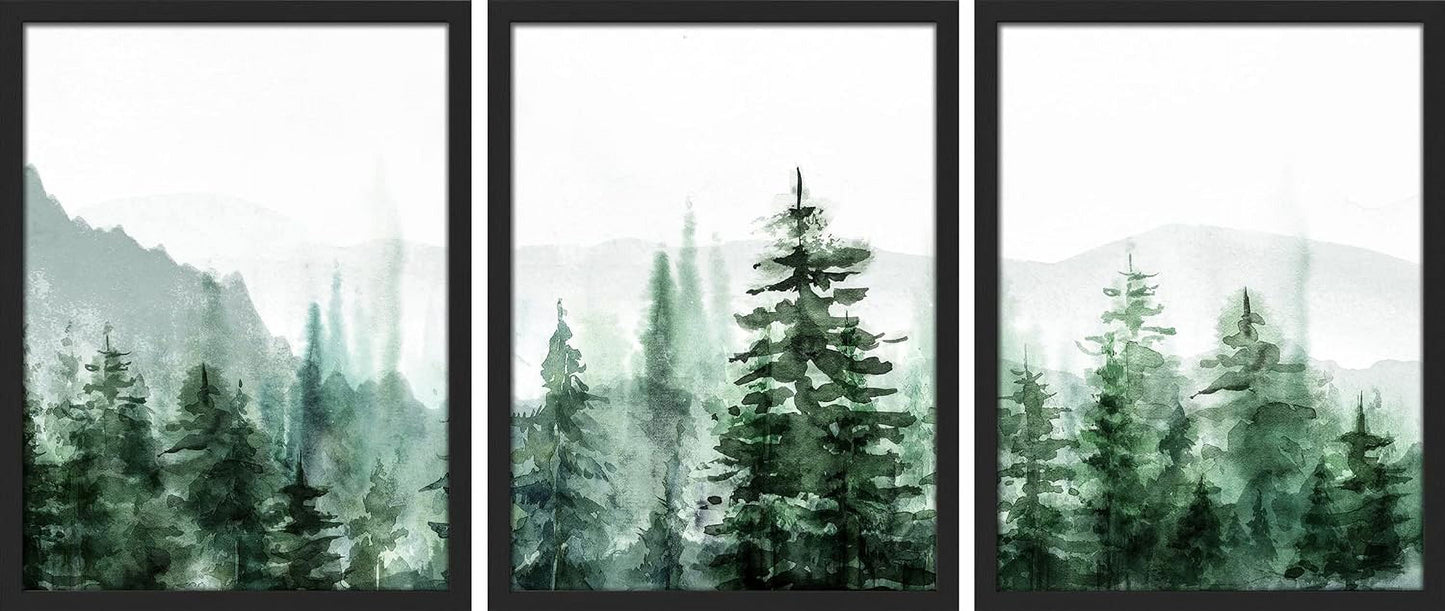 Framed Canvas Print Wall Art Set - Watercolor Pine Tree Mountain Range Forest Art - Set of 3 Nature Wilderness Landscape Wall Décor for Living Room, Bedroom - 12"X16"X3 Panels Black