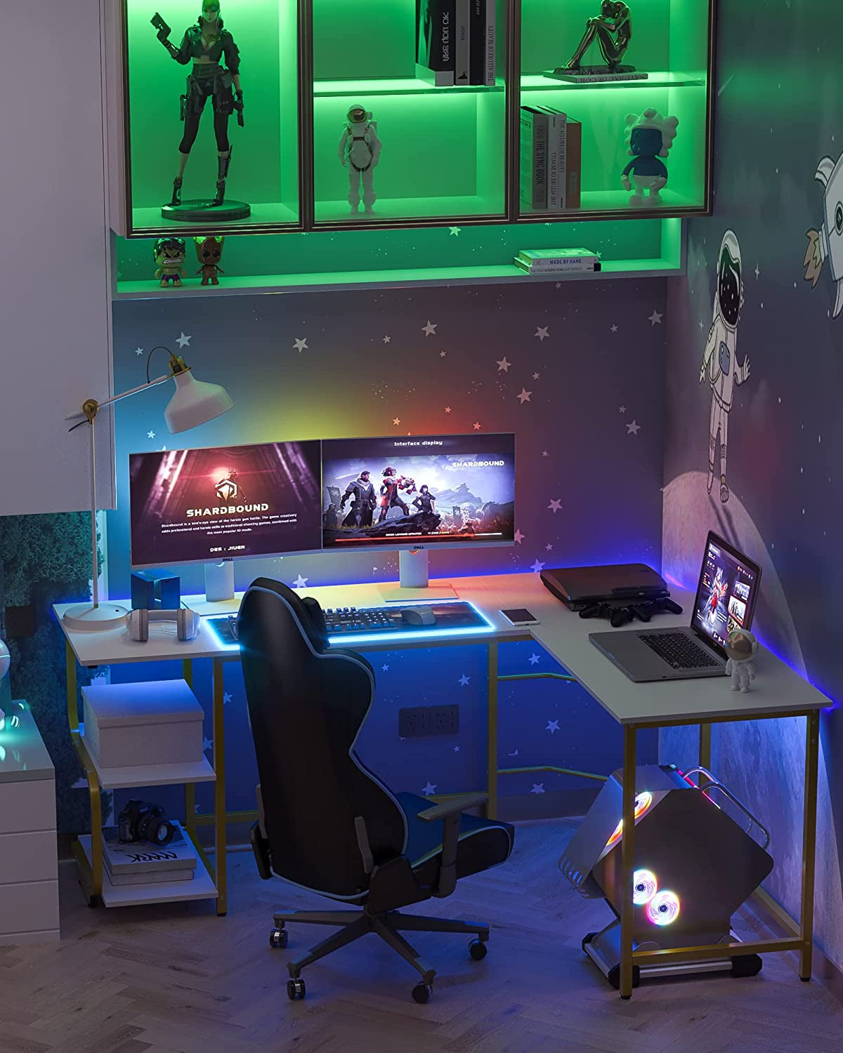 Reversible L Shaped Computer Desk with Shelves 